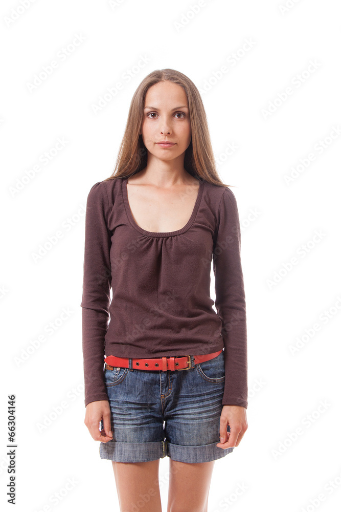 Beautiful woman in shorts, isolated on white Beautiful woman in shorts, isolated on white
