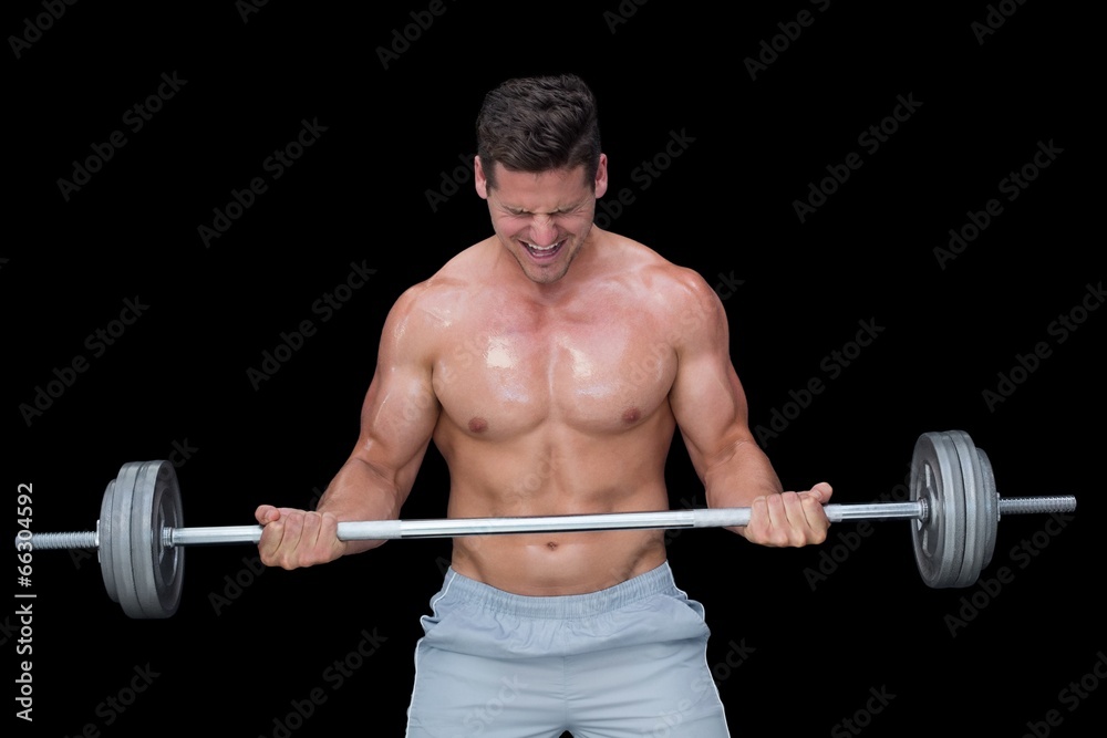 Shouting crossfitter lifting up heavy barbell Shouting crossfitter lifting up heavy barbell