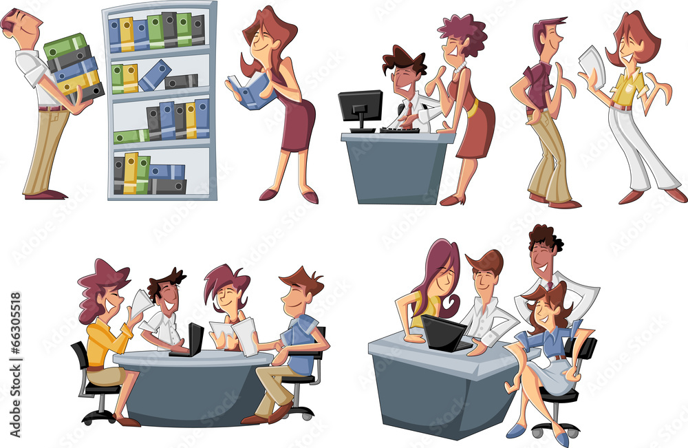 Obraz premium Happy cartoon business people working on office