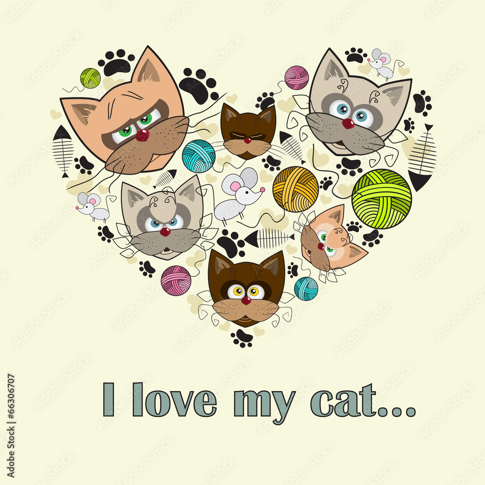 Vector stylized heart with cats for use in design Vector stylized heart with cats for use in design