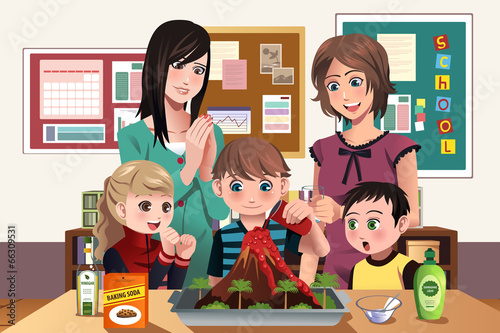 Elementary students doing a volcano experiment