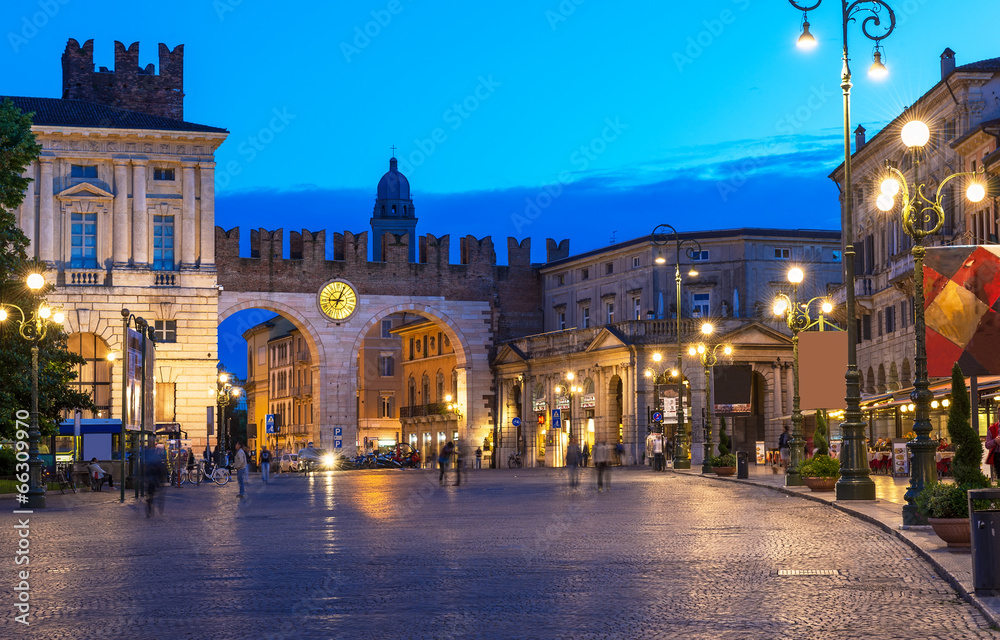 Medieval Gates to Piazza Bra in Verona at night, Italy