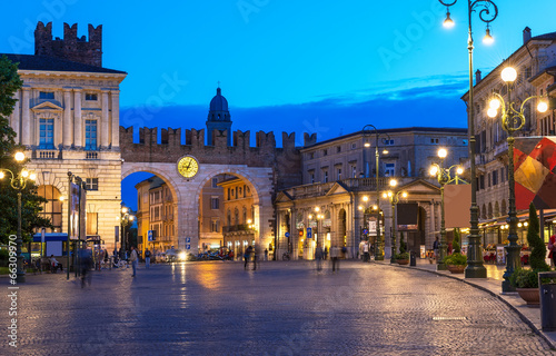 Medieval Gates to Piazza Bra in Verona at night, Italy