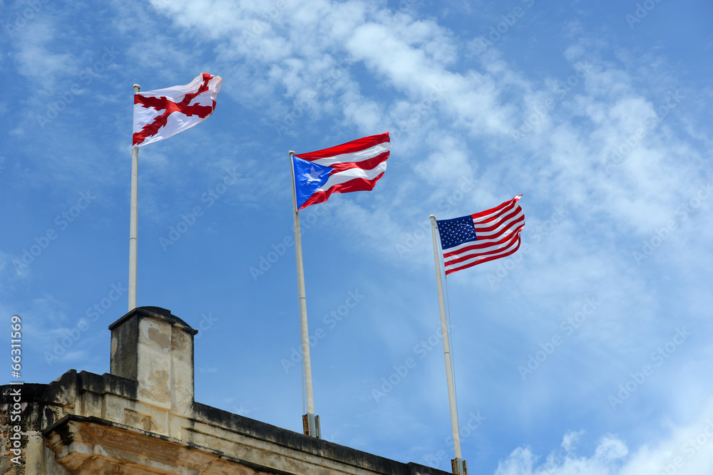 Burgundy Cross flag, Puerto Rico flag and USA flag, San Juan Stock ...