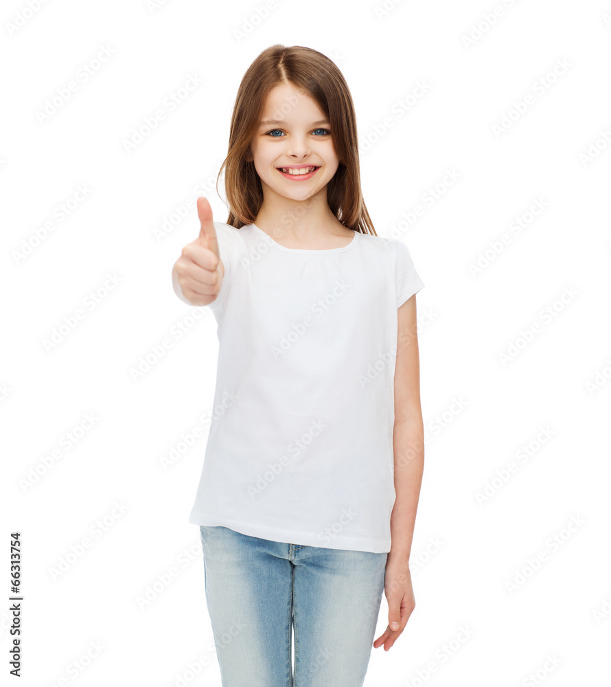 little girl in blank white tshirt showing thumbsup little girl in blank white tshirt showing thumbsup