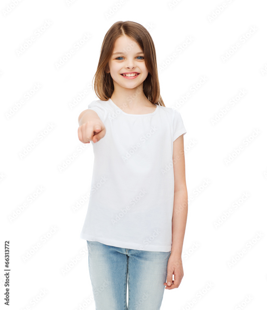 little girl in blank white t-shirt pointing at you