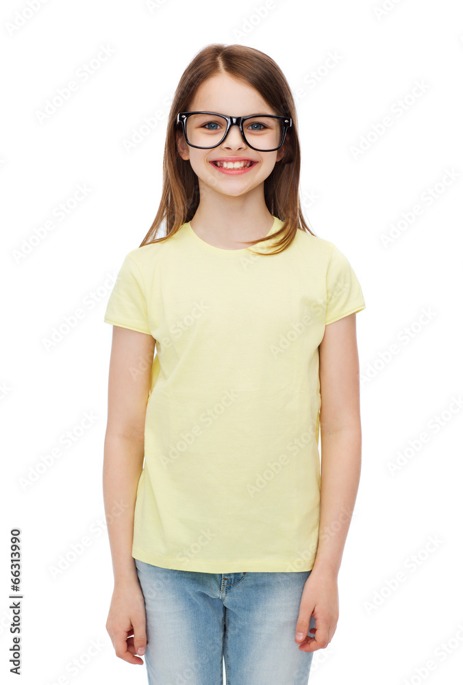 smiling cute little girl in black eyeglasses smiling cute little girl in black eyeglasses