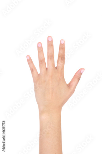 Woman left hand showing the five fingers isolated.