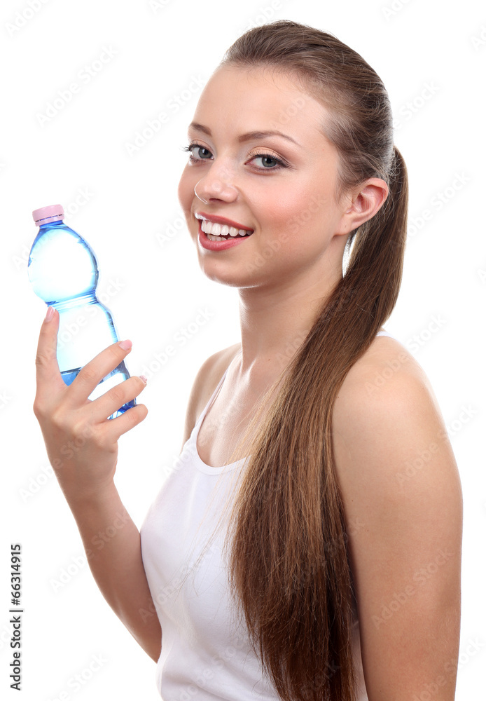 Beautiful girl drinks water, isolated on white Beautiful girl drinks water, isolated on white