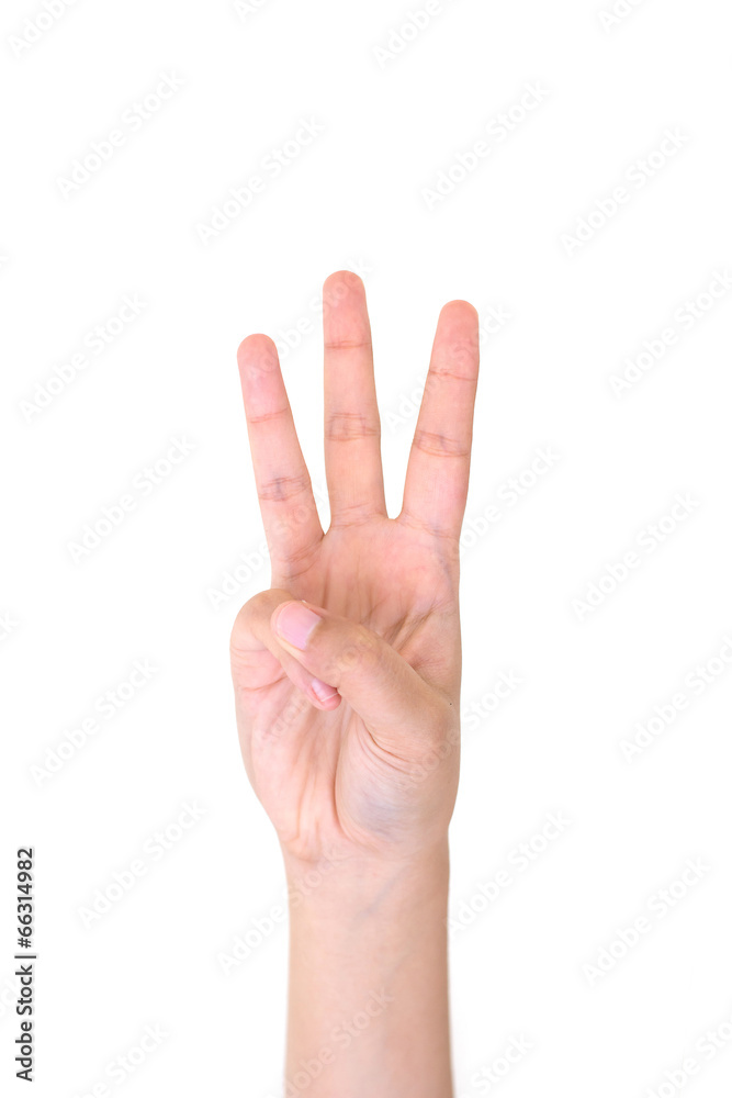 Woman right hand showing the three fingers isolated. Woman right hand showing the three fingers isolated.