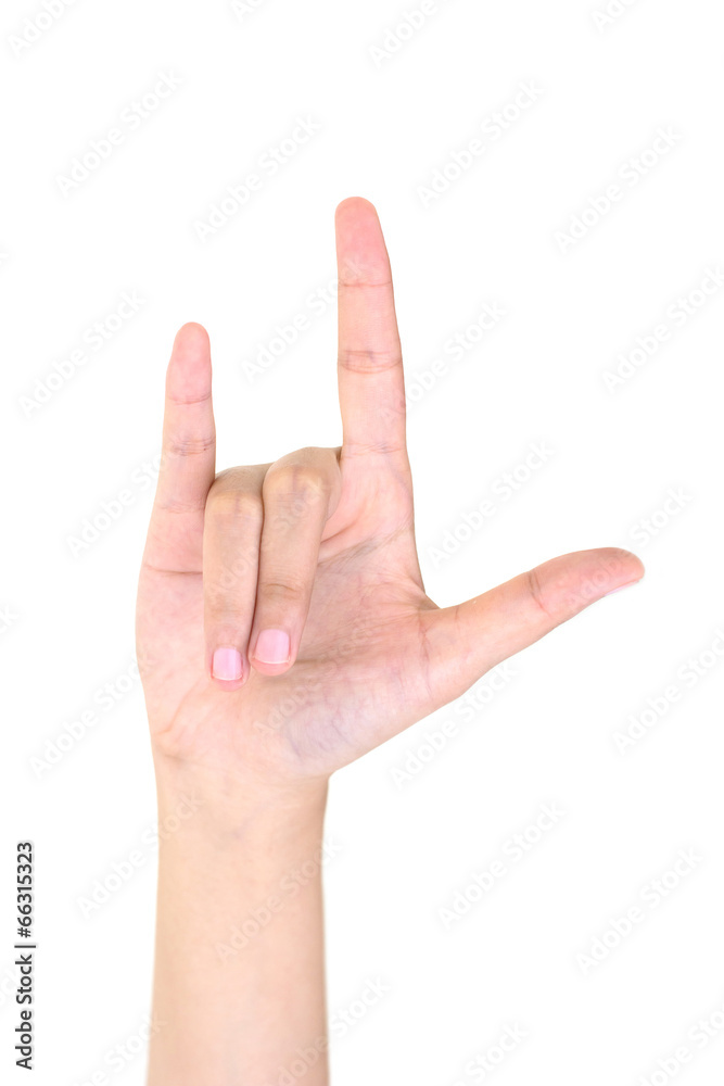 Woman right hand showing the three fingers isolated.
