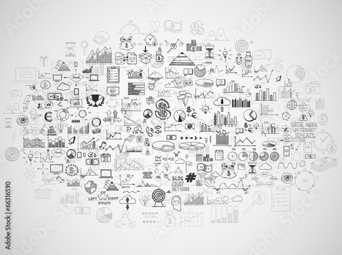Hand draw doodle elements money and coin icon, chart graph.