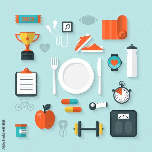 Flat icons for Fitness and Healthy lifestyle