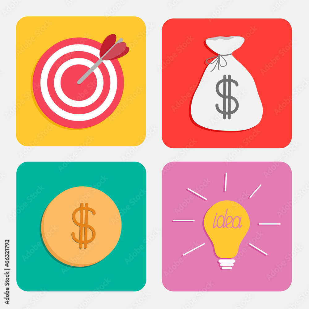 Business icon set. Target moneybag coin light bulb Flat design. Business icon set. Target moneybag coin light bulb Flat design.