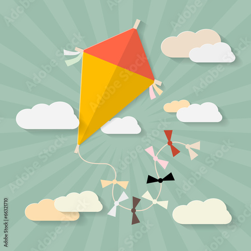 Retro Vector Paper Kite on Sky with Clouds Illustration