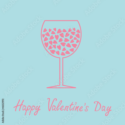 Wine glass with hearts inside. Love card in flat design style.