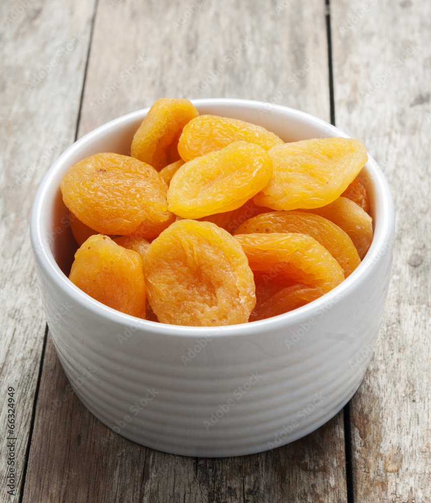 Dry apricot close up in white bowl