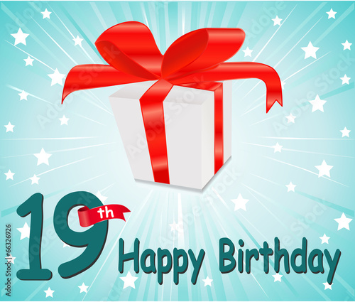 19 year Happy Birthday Card with gift and colorful background