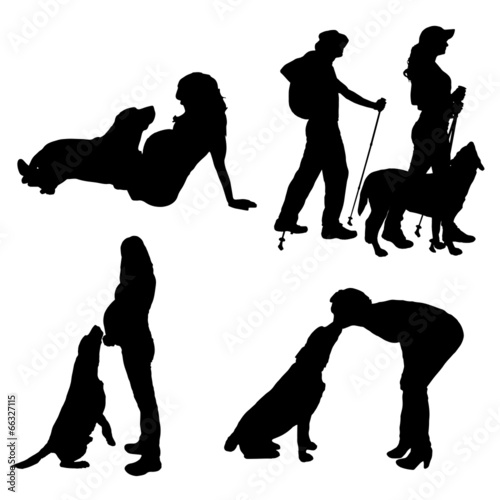 Vector silhouette of people with dog.