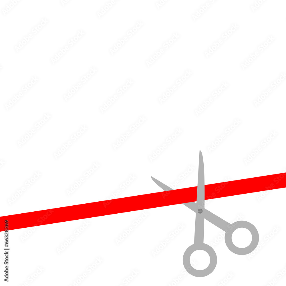 Scissors cut straight red ribbon on the right. Flat design Scissors cut straight red ribbon on the right. Flat design