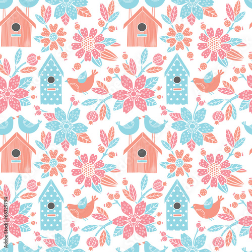 Seamless floral pattern with birdhouses