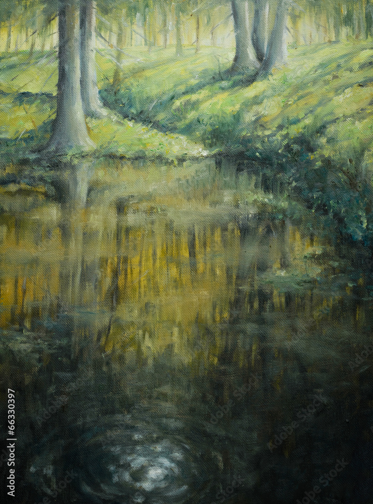 Pond in forest.Oil colors.