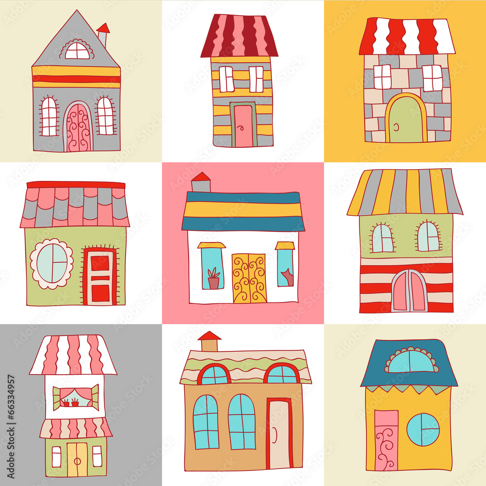 Vector hand drawn houses, homes, architecture, buildings