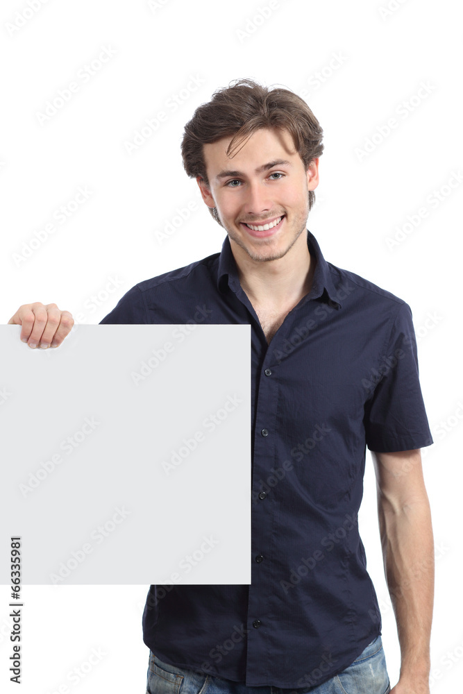 Happy man holding a blank sign or banner Happy man holding a blank sign or banner
