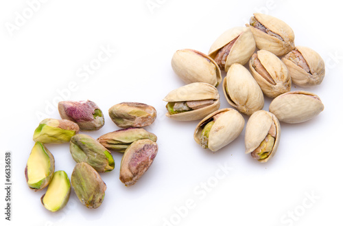 Opened and whole pistachios