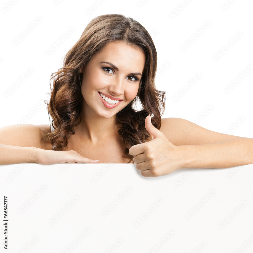 Beautiful young woman with blank signboard Beautiful young woman with blank signboard