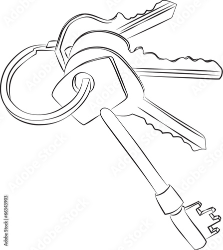  Sketched line drawing of a set of four keys on a keyring or key