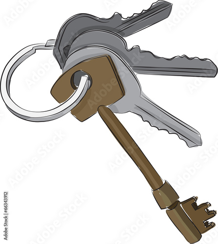  Sketched line drawing of a set of four keys on a keyring or key