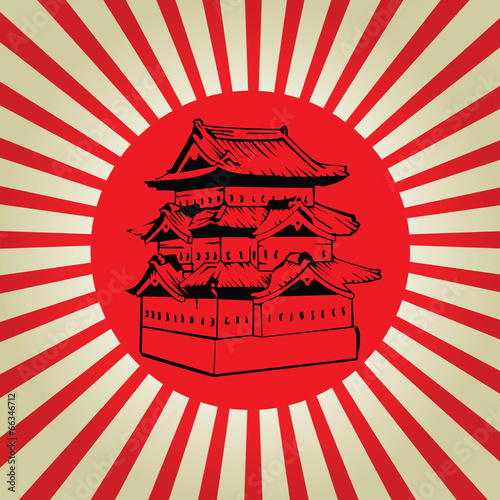 Japan osaka castle on sun flag vector