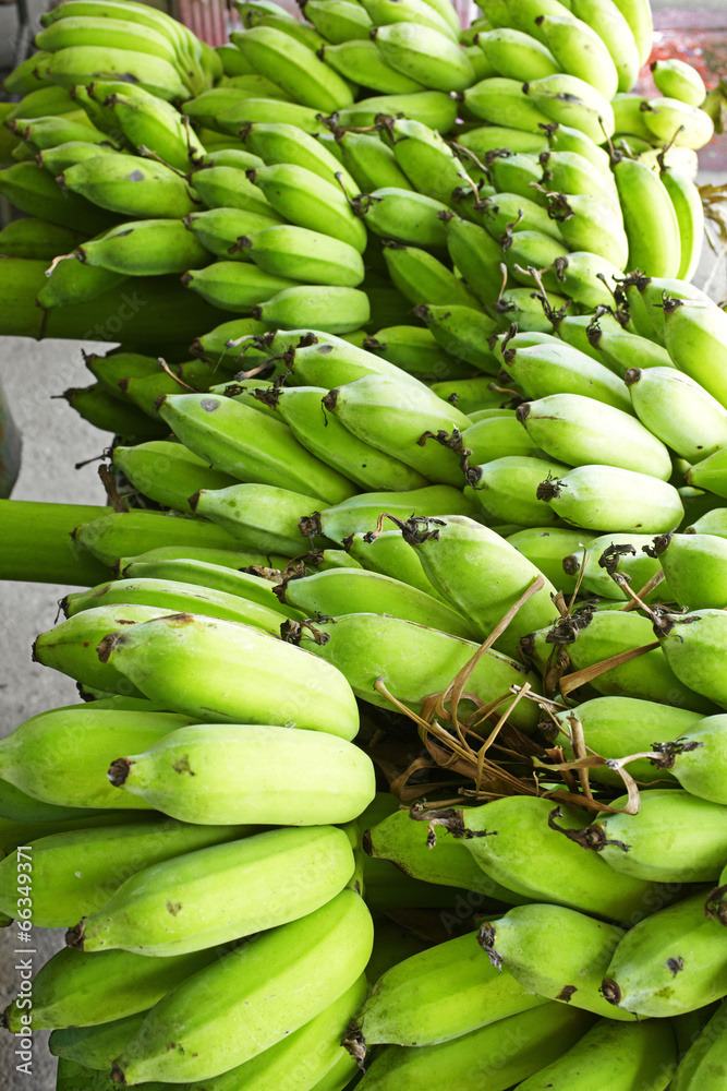 close up green banana in thai market