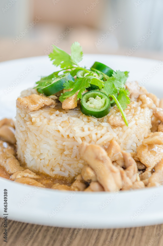 Chicken with brown sauce on rice Chicken with brown sauce on rice