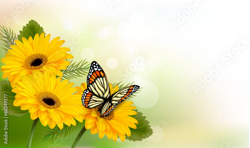 Fototapeta Naklejka Na Ścianę i Meble -  Summer background with yellow beautiful flowers and butterfly. V