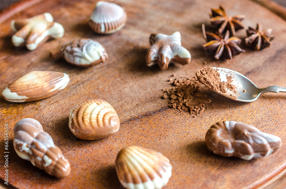 Luxury chocolate candies in the form of seafood