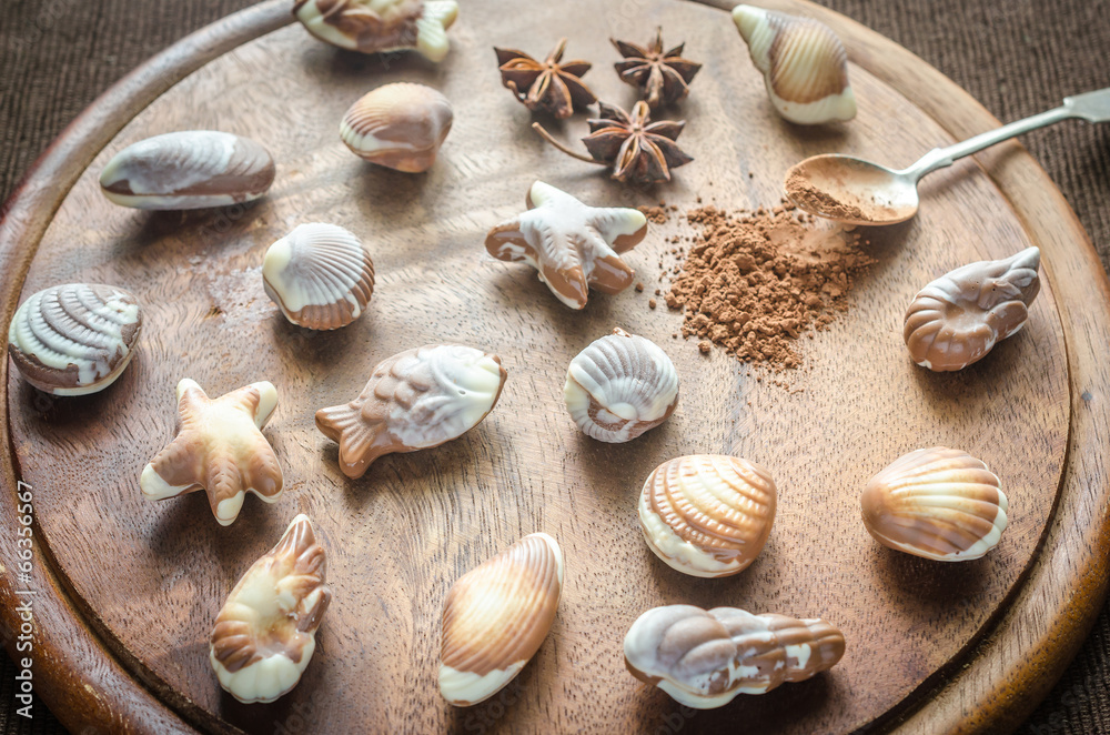 Luxury chocolate candies in the form of seafood
