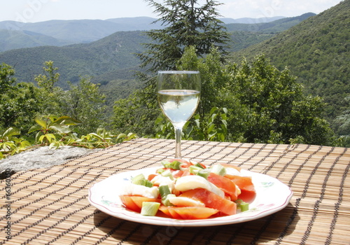 Tomates mozzarella et un verre de vin devant un paysage de montagne