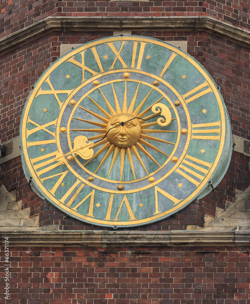 old clock on tower of the city hall, wroclaw, poland