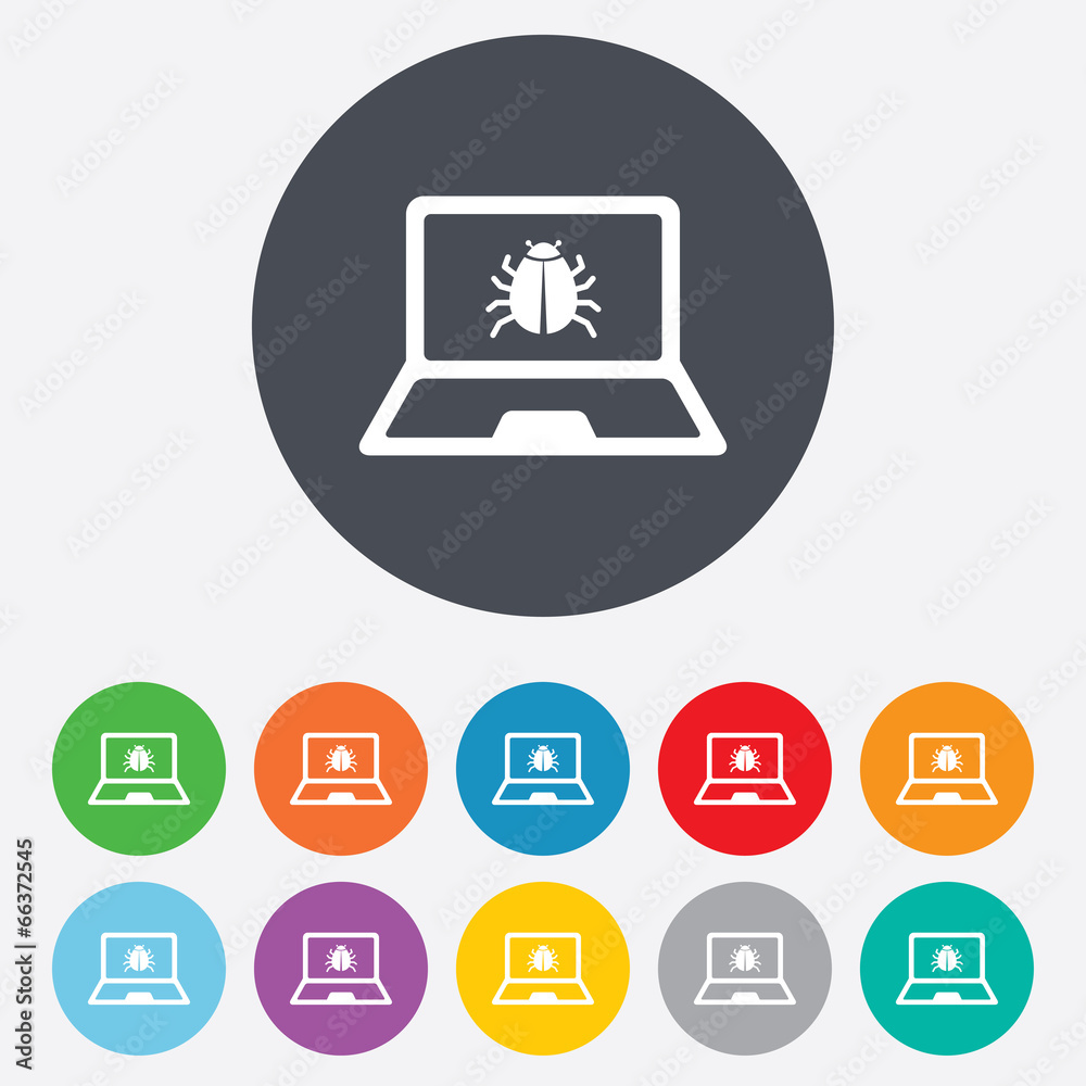 Laptop virus sign icon. Notebook software bug. Laptop virus sign icon. Notebook software bug.