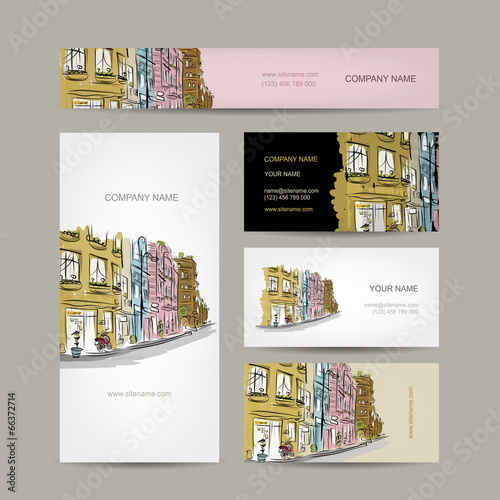 Business cards design with old city street sketch