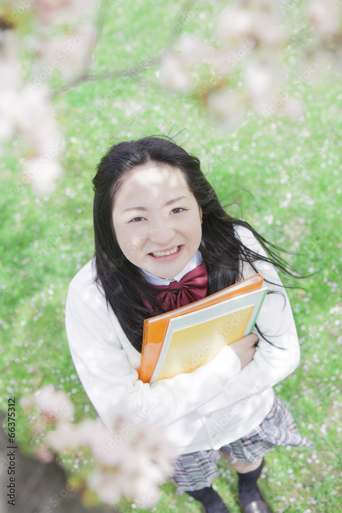 Fototapeta premium ノートを持って桜の木の下に立つ高校生