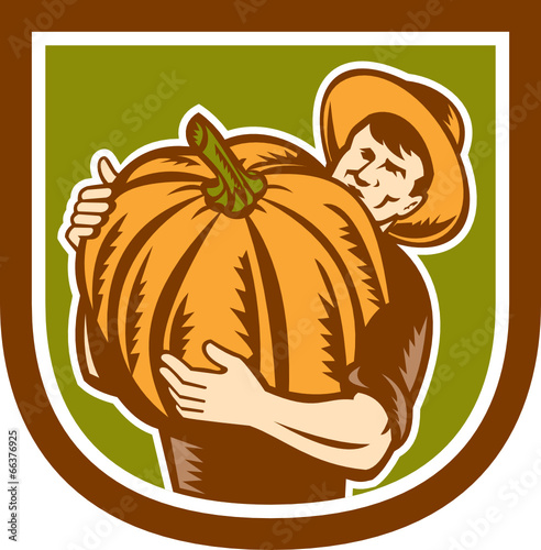 Organic Farmer Holding Pumpkin Shield Retro
