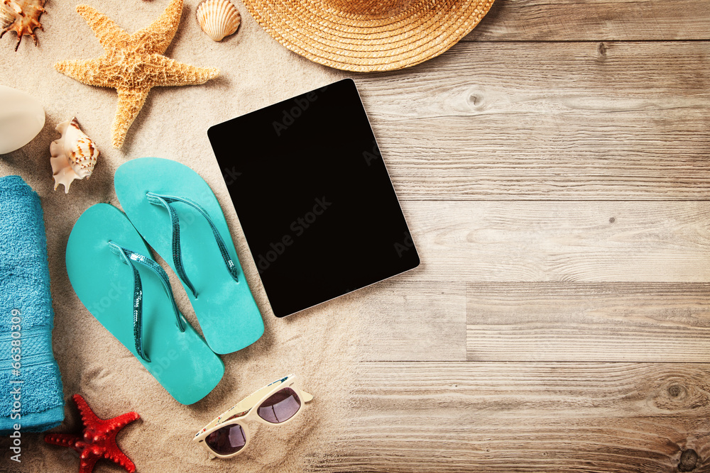 Summer concept with tablet and accessories - obrazy, fototapety, plakaty 