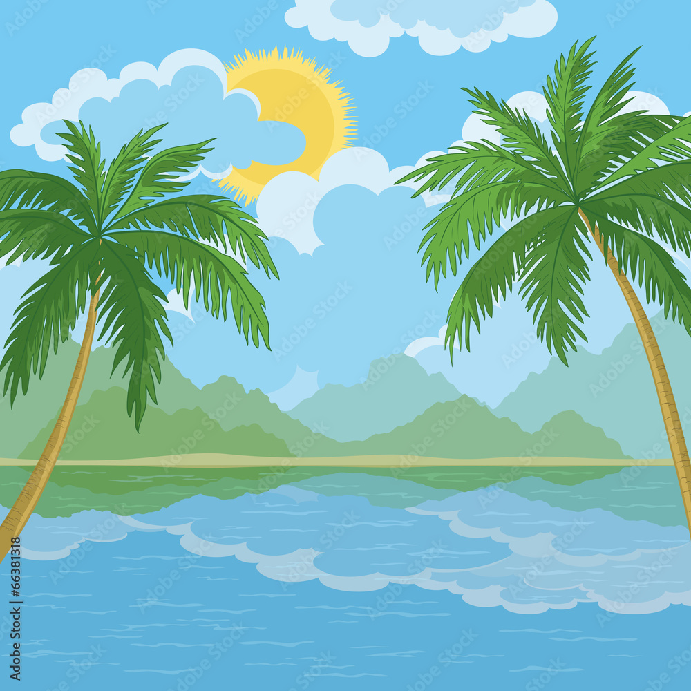 Tropical sea landscape with palm trees