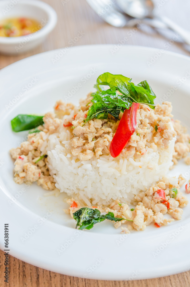 Spicy fried chicken with basil and rice Spicy fried chicken with basil and rice