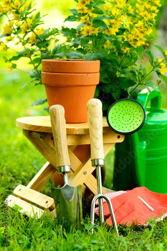 Fototapeta Naklejka Na Ścianę i Meble -  Gardening tools on green background and grass