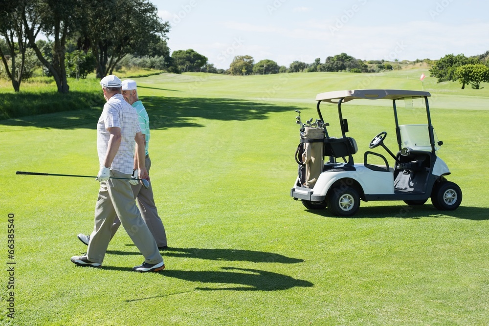 Golfing friends walking beside their buggy Golfing friends walking beside their buggy
