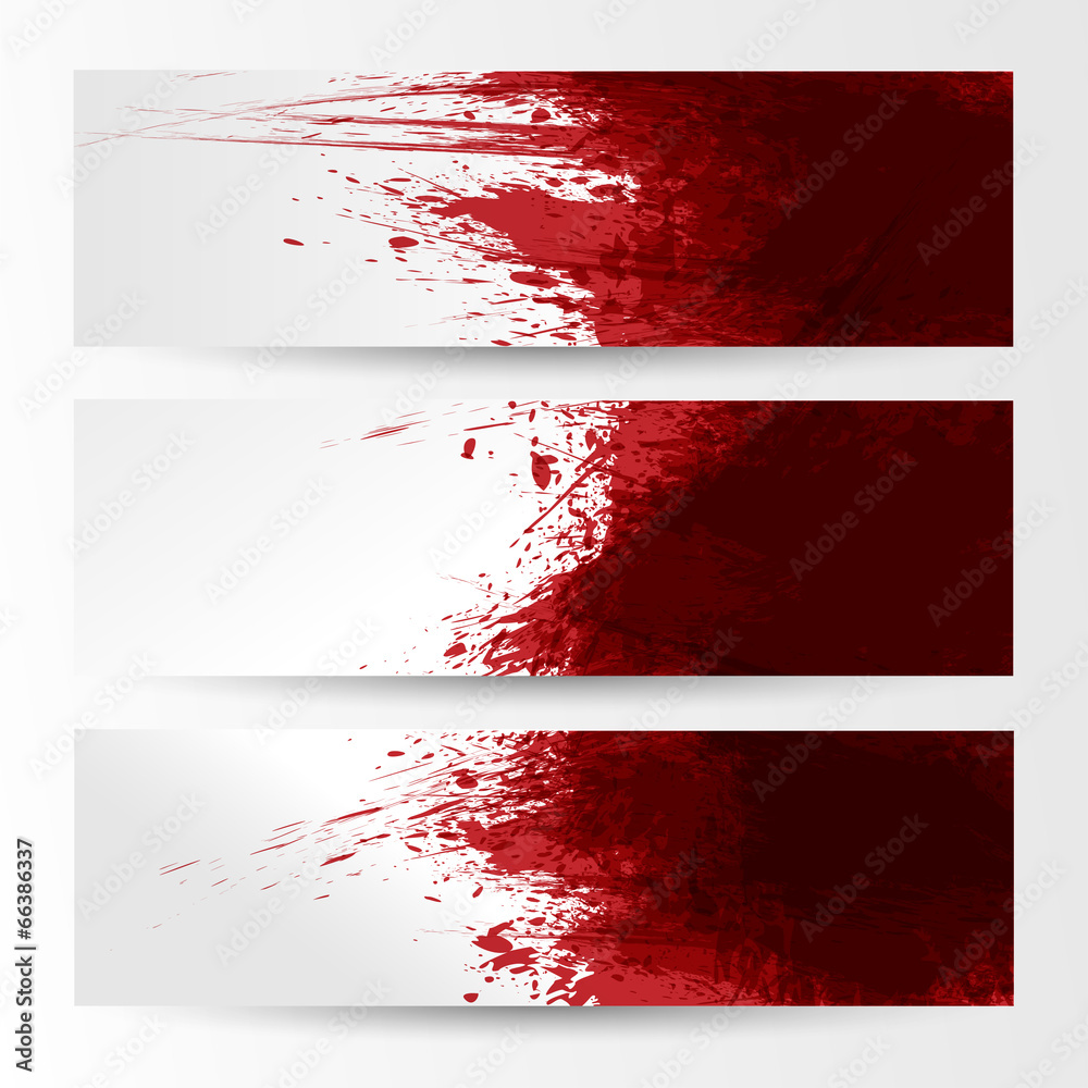 set of three banners, abstract headers with red blots